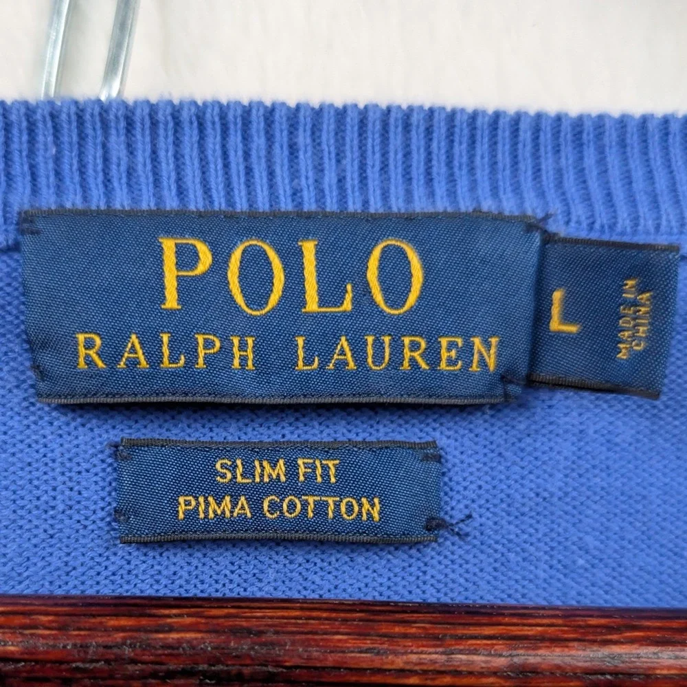 Polo Ralph Lauren Sweater Men's L Blue V-Neck Pima Cotton Slim Fit Pony Preppy